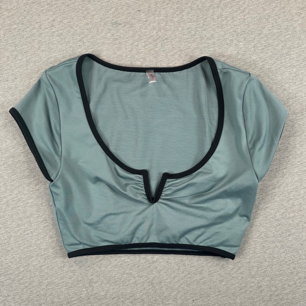 FP Movement Free People Crop Top Womens Small Sage Green Notched Scoop Neck